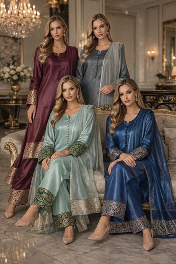 LS -3059 Designer Fendi Satin Straight Suit| Viral Brocade Farshi Shalwar 3-Piece Set