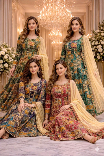 LS-3062 Signature Digital Ajrakh Anarkali in Linen Material with Sequins Embroidery| Matching Trouser & Dupatta