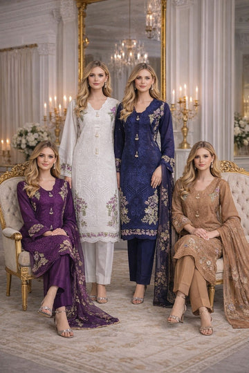 LS-3066 LS-3051 Premium Ready-to-Wear 3 Piece Viscose Suit | Thread Embroidery|Trouser & Linen Slub Printed  Dupatta