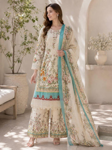 AYN-3106 Luxury Floral Printed Lawn Suit with Lace Detailing With Chiffon Dupatta