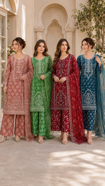 GZJ-3153 Ready-to-Wear | Embroided 3-Piece Cambric Suit| Fabeha Fashions
