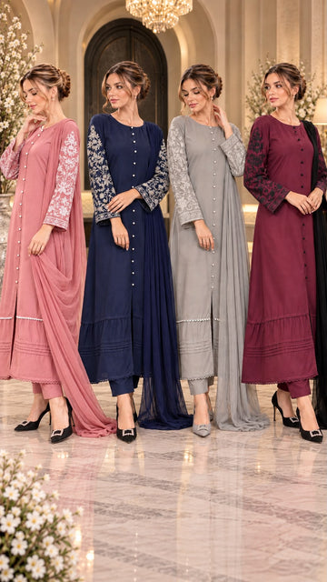 SHL-3174 Women`s Linen Front -Open Dress With Matching Trouser and Chiffon Dupatta