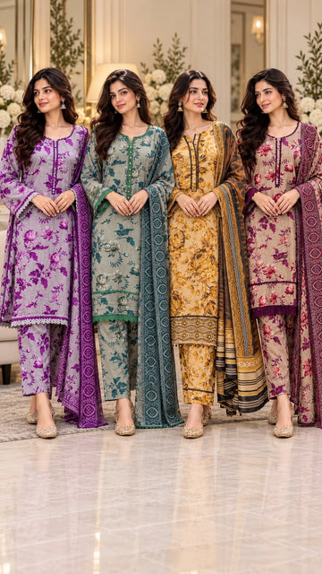 AYN-3179 Women`s Three Piece Dhanak Suit Matching Trouser & Shawl Fabeha Fashions