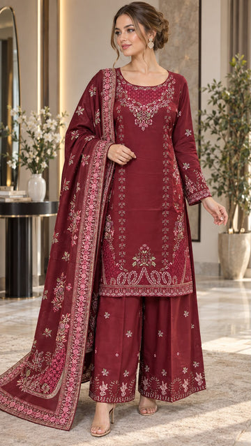 GJZ-3184 Ready-to-Wear 3-Piece Dhanak Embroidered Suit with palazzo & Printed Shawl |Fabeha Fashions