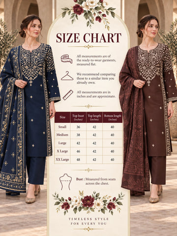 GJZ-3185. Ready-to-Wear 3-Piece Dhanak Embroidered Suit with Printed Shawl | Fabeha Fashions