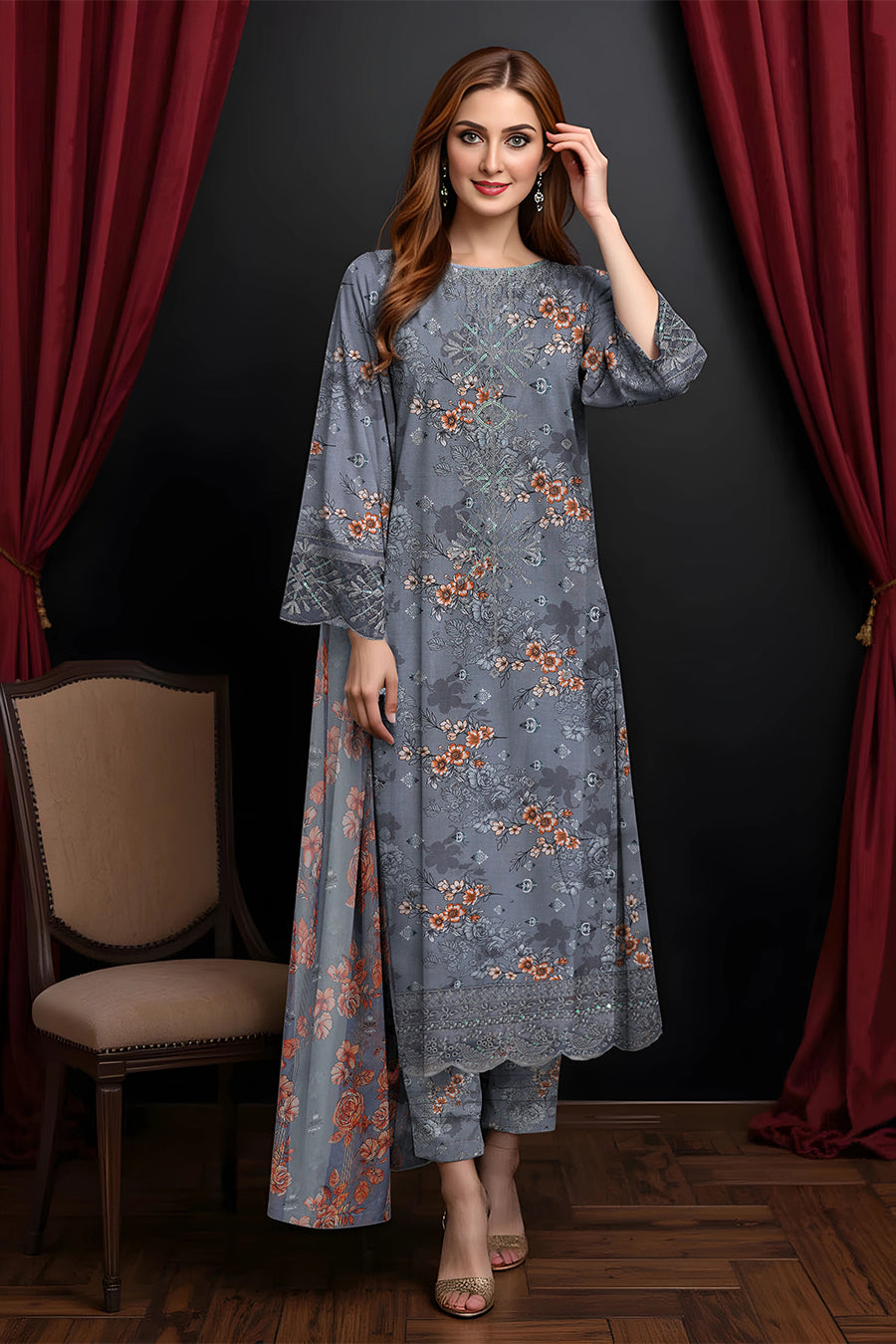 LS-2822 .                       Autumnal Grace-Pewter Grey Cotton Lawn Suit