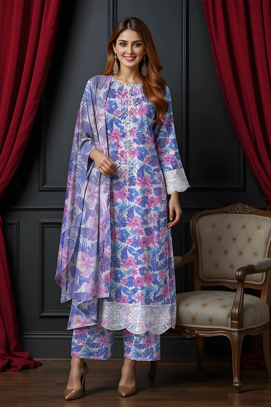 LS-2821.                            Orchid Dreams-Ivory Cotton Lawn Suit