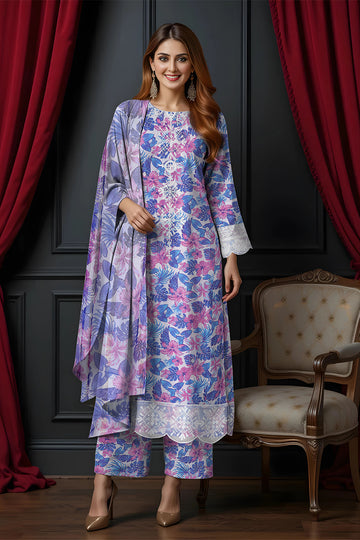 LS-2821.                            Orchid Dreams-Ivory Cotton Lawn Suit