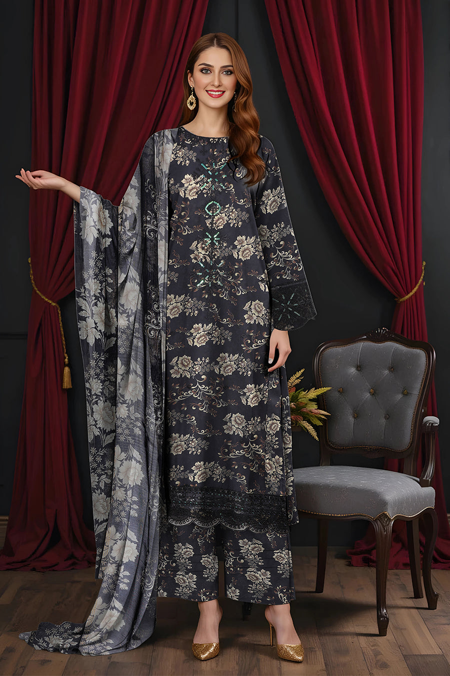 LS-2818.                            Ebony Black Premium Cotton Lawn Pakistani Suit