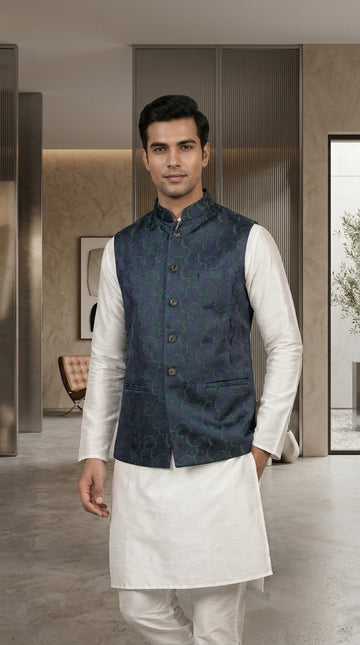 FBJK-82. Men’s Luxury Swirl Crescent Jacquard Brocade Waistcoat | Tailored Fit Stand Collar Formal Waistcoat