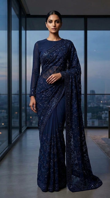 AMSR-1002. Twilight Collection Viscose Georgette Saree | 3D Beadwork, Sequins & Jaal Embroidery