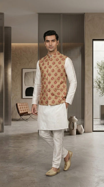 FBJK-103. Men’s Luxury Mughal Kalgi Buta Brocade Waistcoat | Tailored Fit Stand Collar Formal Waistcoat