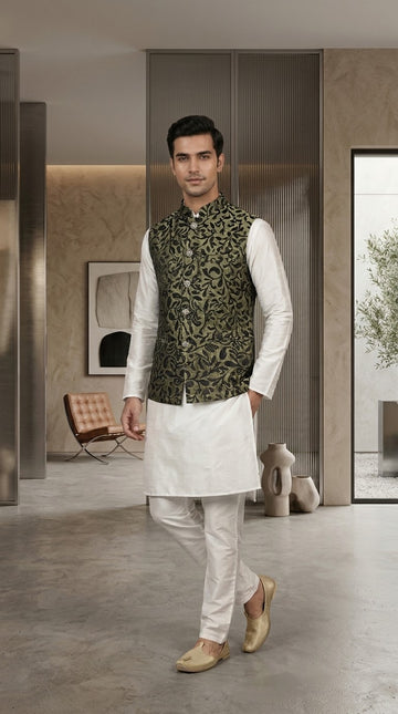 FBJK-102. Men’s Luxury Botanical Paisley Vine Jacquard Brocade Waistcoat | Tailored Fit Stand Collar Formal Waistcoat