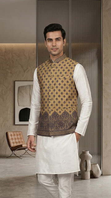 FBJK-97. Men’s Luxury Royal Border Hemline Pattern Waistcoat | Tailored Fit Stand Collar Formal Waistcoat
