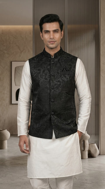 FBJK-40. Men’s Luxury Black Floral Damask Brocade Waistcoat | Tailored Fit Embroidered Stand Collar Formal Waistcoat