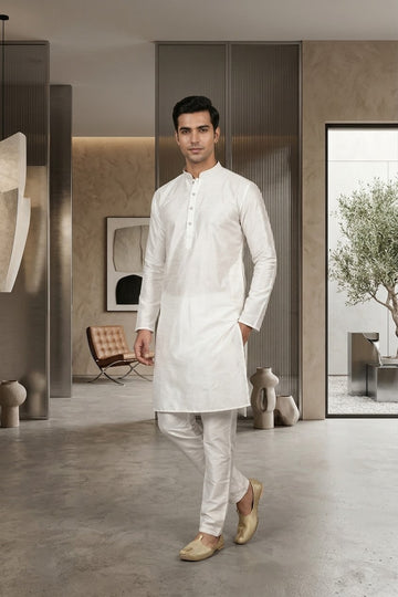 FBMS-312 Men's Raw Silk Kurta Pyjama Set | Slim Fit | White Formal & Wedding Layering Kurta