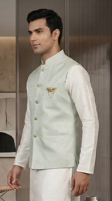 FBJK-68. Men’s Luxury Cream Geometric Floral Damask Brocade Waistcoat | Tailored Fit Stand Collar Formal Waistcoat