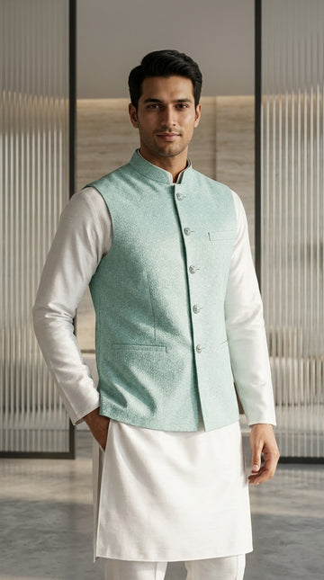 FBJK-81. Men’s Luxury Baroque Arabesque Jacquard Brocade Waistcoat | Tailored Fit Stand Collar Formal Waistcoat