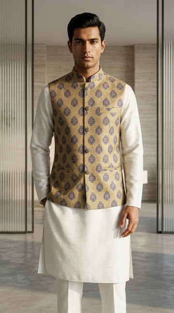 FBJK-99. Men’s Luxury Mughal Kalgi Buta Brocade Waistcoat | Tailored Fit Stand Collar Formal Waistcoat