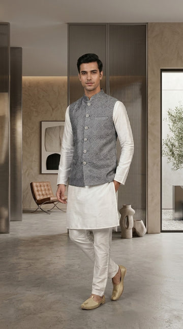 FBJK-95. Men’s Luxury Diamond Medallion Geometric Brocade Waistcoat | Tailored Fit Stand Collar Formal Waistcoat