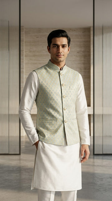 FBJK-100. Men’s Luxury Lotus Trellis Border Pattern Brocade Waistcoat | Tailored Fit Stand Collar Formal Waistcoat