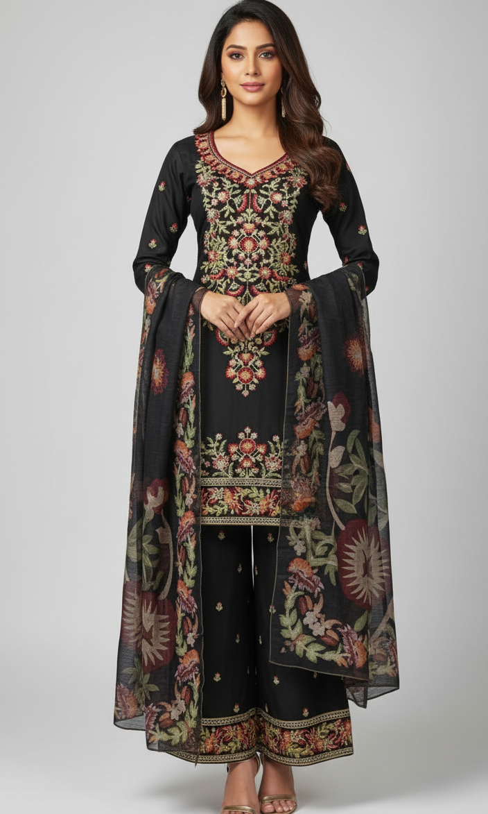 LS-2895 Premium Ready-to-Wear 3-Piece Linen Suit | Zari & Resham Embroidery | Plazoo & Popular Minar Dupatta