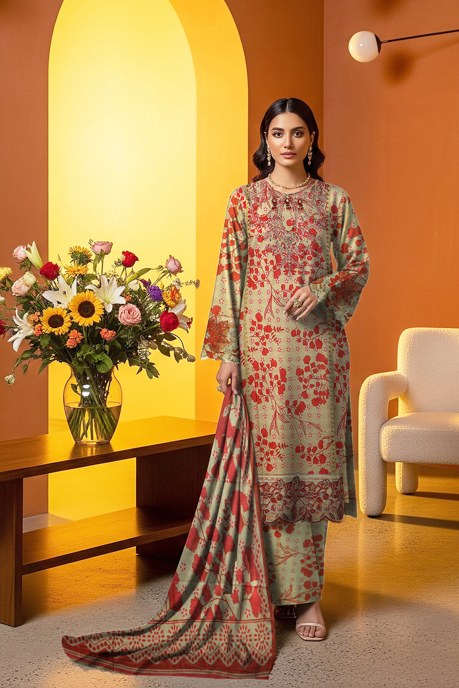 LS-2886 Ready-to-Wear Premium Winter Linen Suit - Marigold