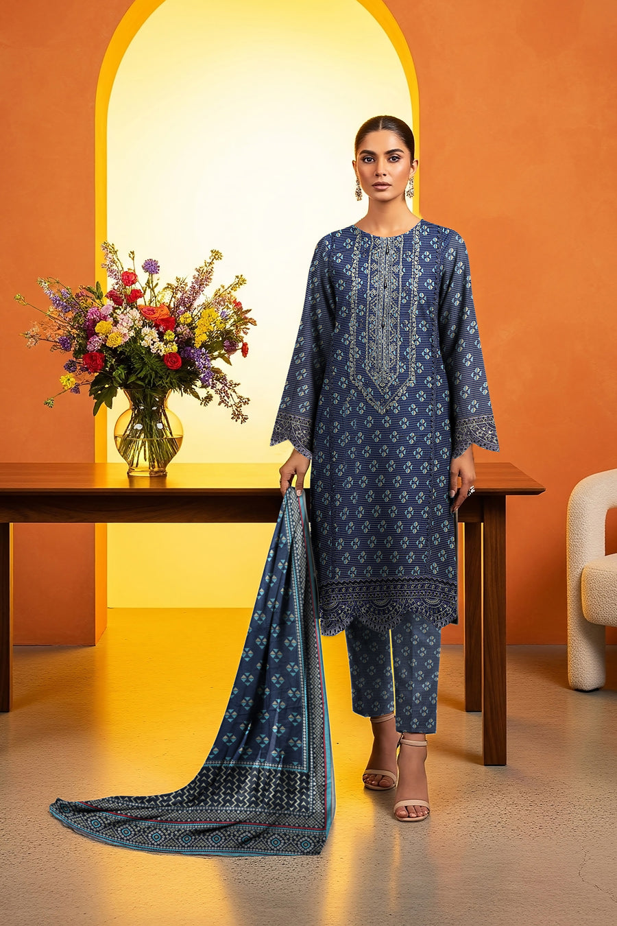 LS-2885 Ready-to-Wear Premium Winter Linen Suit - Indigo Geometrical