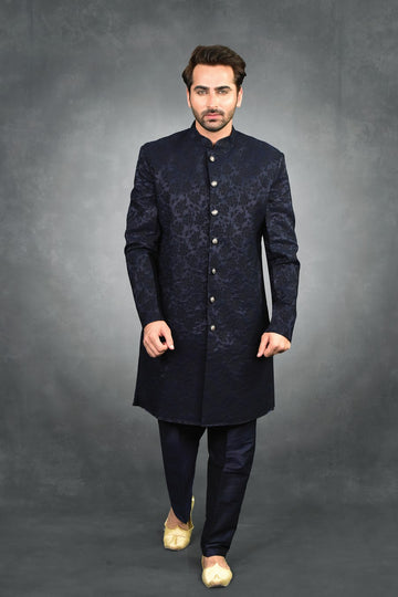 FBMS-129 Classic Navy Blue Floral Jacquard Indo-Western Set | Mens Formal Wear