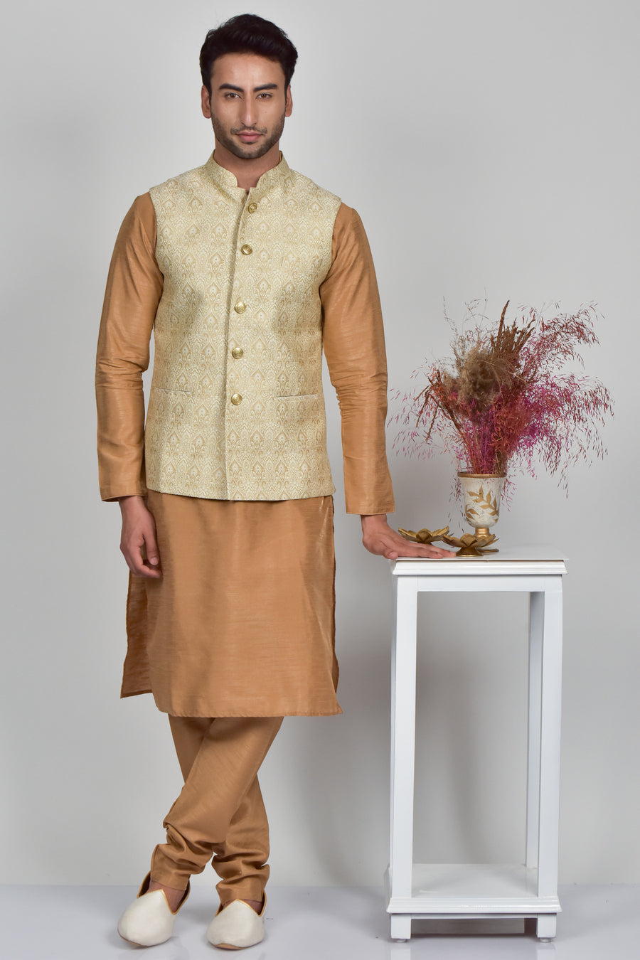 FBJK-27 Men’s Gold Paisley Jacquard Waistcoat | Tailored Fit Stand Col