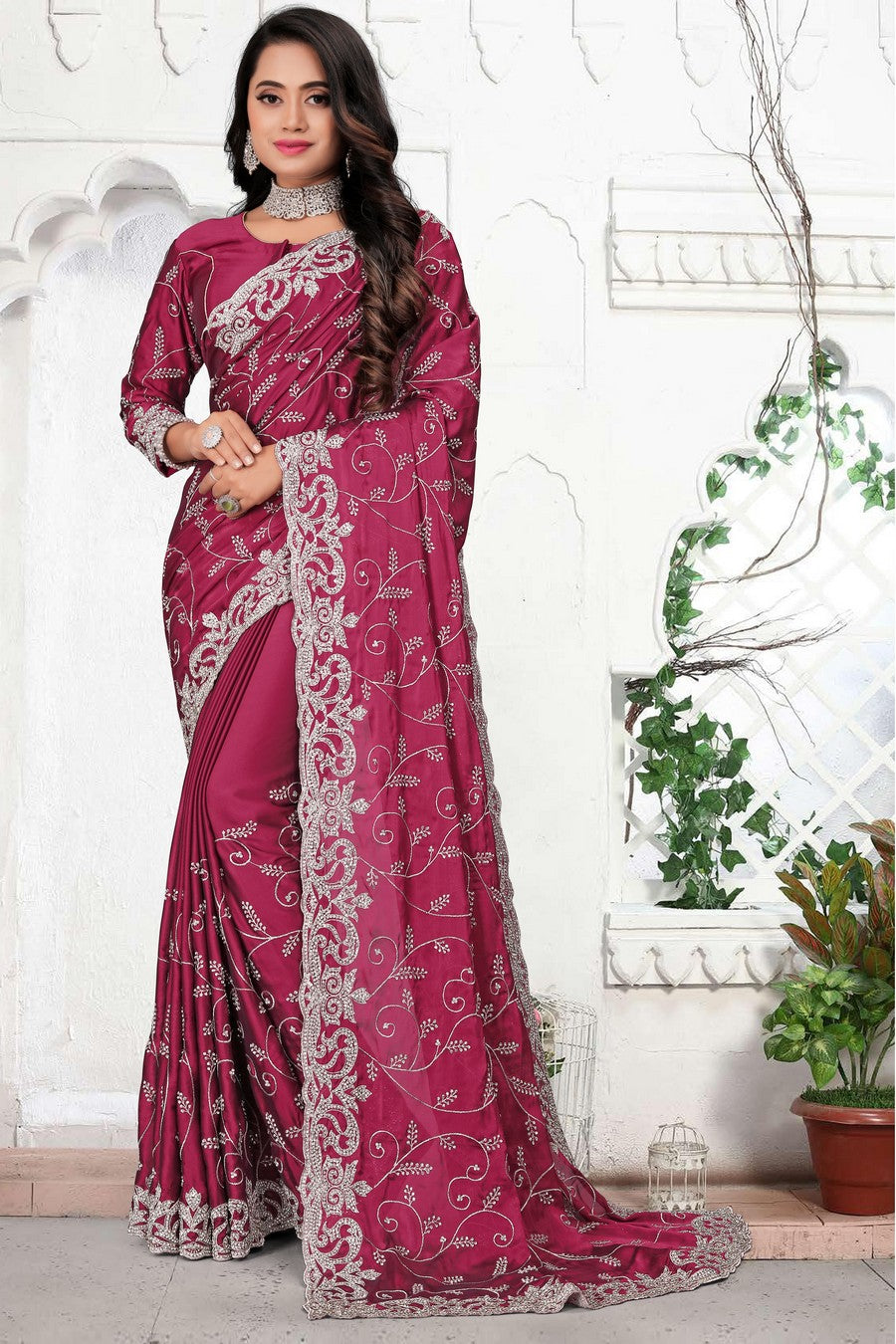 FBSR-626 Wine Embroidered Saree