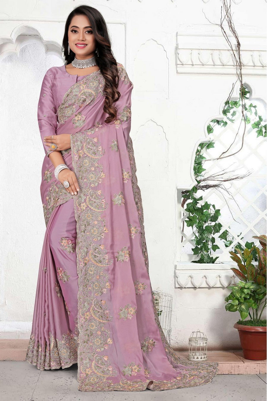 FBSR-631 Silk Chiffon Saree with Paisley Zari & Glass Crystal