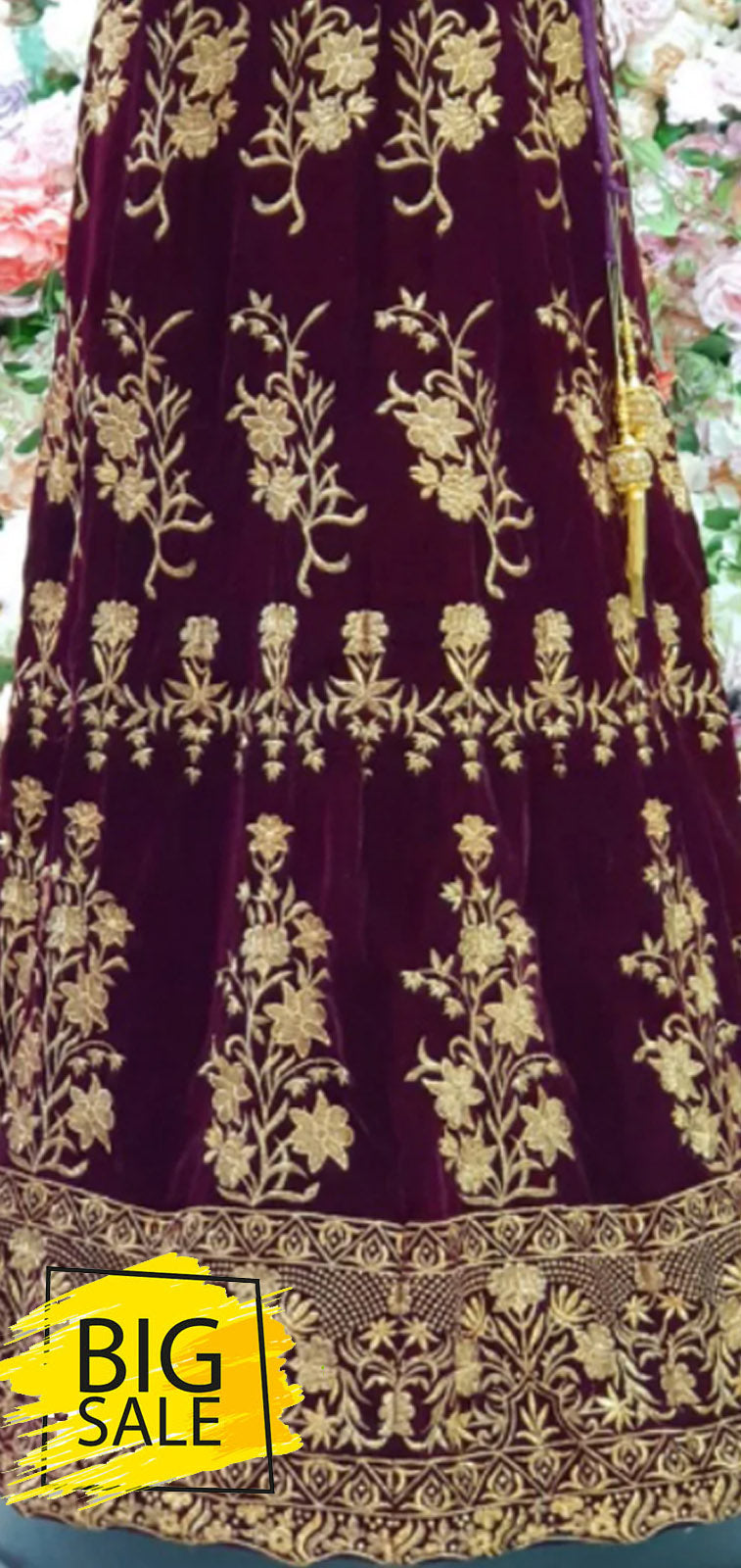 FSH031 DARK PLUM READYMADE EMBROIDERY LANGHA ! HEAVY ZARI & CONTRAST COLOUR RESHAM