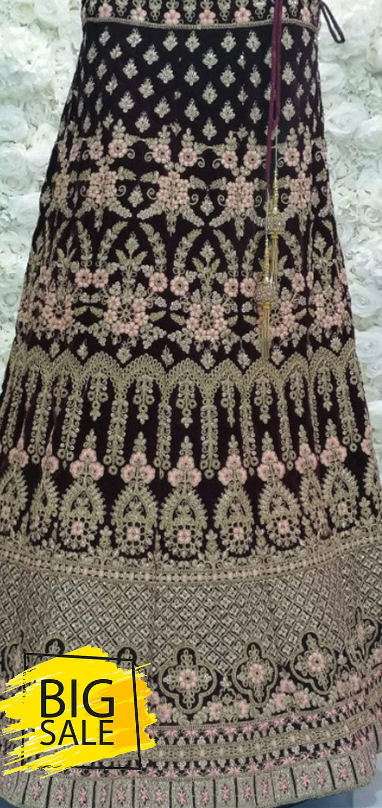 FSH037 DARK MAROON HEAVY EMBROIDERY LANGHA ! HEAVY ZARI & CONTRAST COLOUR RESHAM