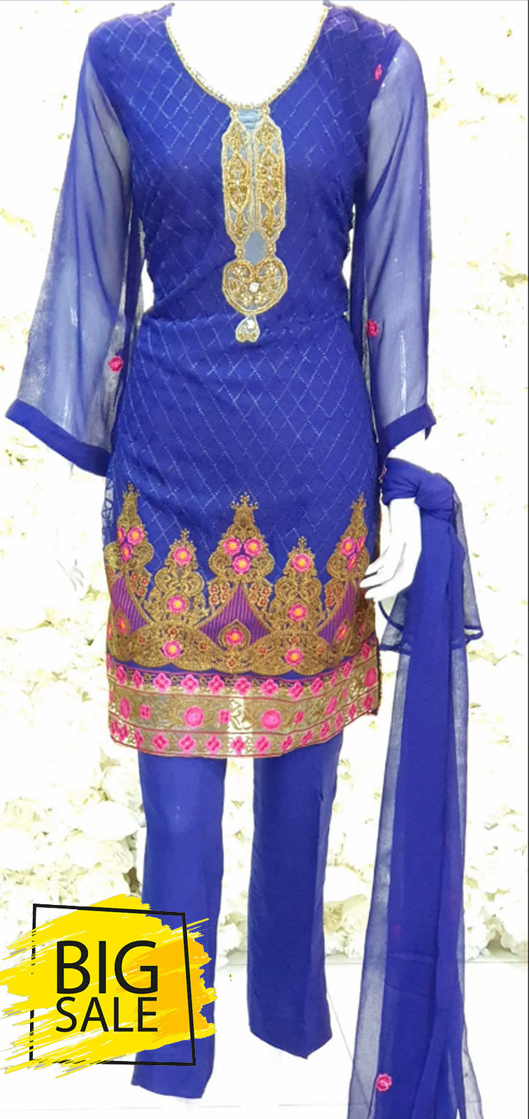 LS237 NAVY READYMADE PAKISTANI PREMIUM CHIFFON FABRIC WITH DABKA PEARL & BEADS