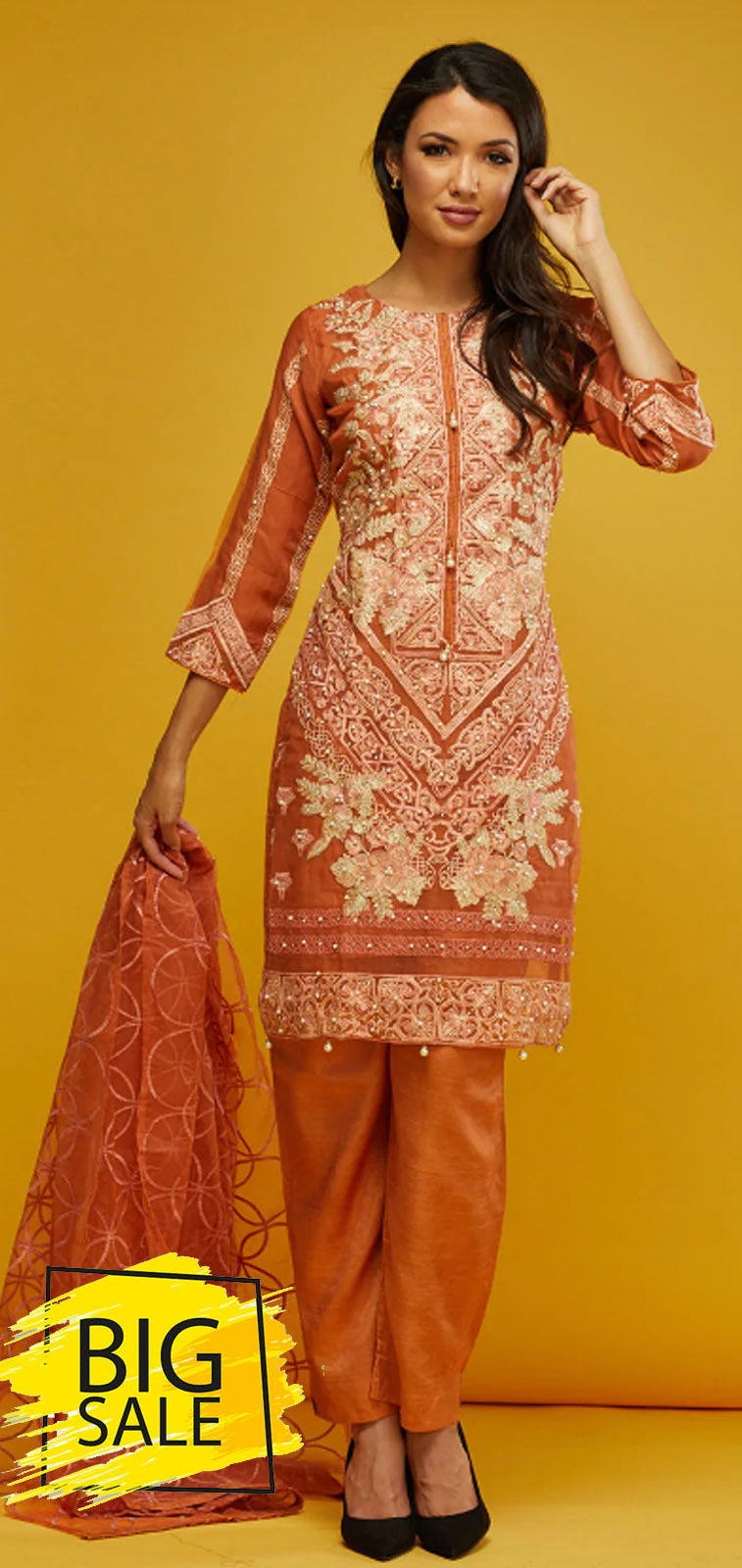 NR07 DUSTY ORANGE ORGANZA PEARL PAKISTANI INSPIRED READYMADE SUIT